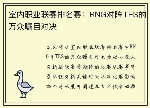 室内职业联赛排名赛：RNG对阵TES的万众瞩目对决